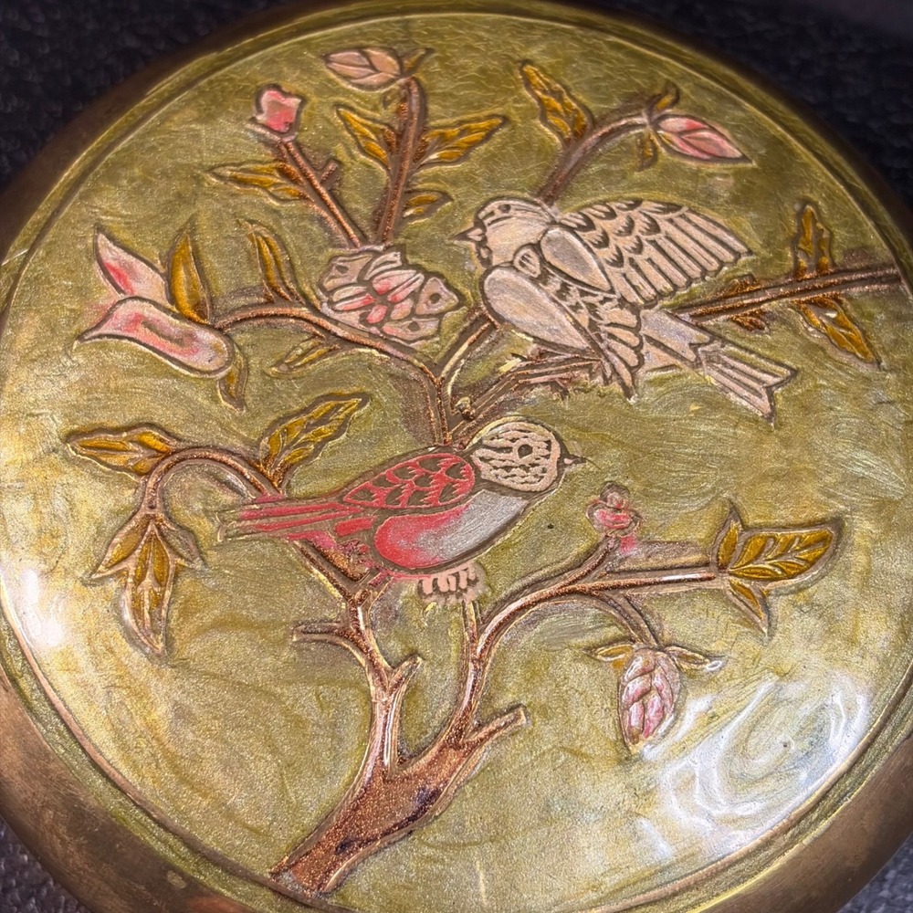 Vintage Brass Trinket Box Enamel Bird Lid Hand Painted Mid Century Decor